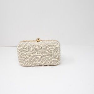 NEW Oliver Bonas Deco Dina Pearl Beaded Embellished Clutch Purse Bag Cream Ivory